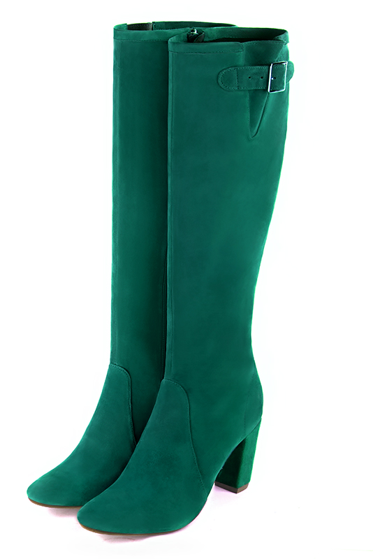 Emerald green women's knee-high boots with buckles. Round toe. High block heels. Made to measure - Florence KOOIJMAN